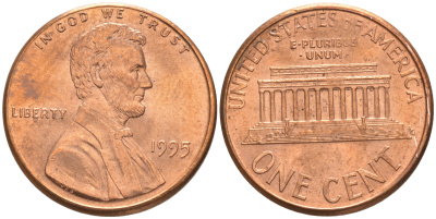 США 1 ЦЕНТ 1995 ЛИНКОЛЬН KM 201b цинк плакированный медью UNC 187-657