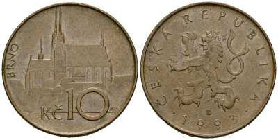 Чехия 10 крон 1993 Кафедральный собор города Брно KM 4 сталь плакированная медью 4167-952