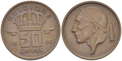БЕЛЬГИЯ 50 САНТИМОВ 1955 BELGIQUE KM 144 бронза 96-113