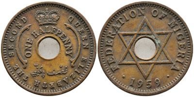 Нигерия 1/2 пенни 1959 Елизавета II (1952-), Британский протекторат KM 1 бронза 4387-538