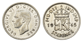Великобритания 6 пенсов 1945 Георг VI (1936-1952) KM 852, Spink 4084 серебро 4690-819