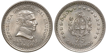 Уругвай 25 сентесимо 1960 KM 40 медно-никель 4169-827