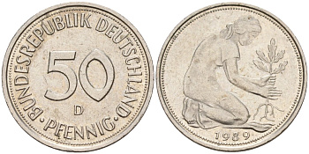 ФРГ 50 пфеннигов 1989 D KM 109, J. 384 медно-никель 4177-723