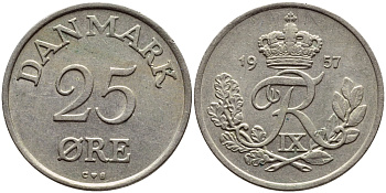 ДАНИЯ 25 ЭРЕ 1957 С; S, ФРЕДЕРИК IX (1947-1972) KM 842.2 медно-никель 4398-941