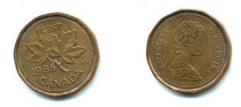 Канада 1 цент 1986 Елизавета II (1952-2022), кленовый лист KM 132 бронза 540-745