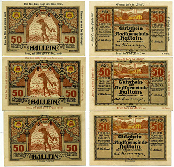 Халлайн, Австрия набор из 3 банкнот по 50 геллеров 1920 31 декабря 1920, нотгельд, земля Зальцбург бумага 2193-24-3-2