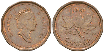 Канада 1 цент 1996 Елизавета II (1952-2022), кленовый лист KM 181 бронза 4383-458