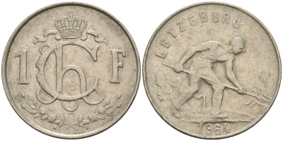 Люксембург 1 франк 1964 сталевар KM 46.2 медно-никель 4364-1846