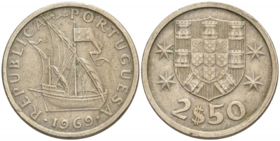ПОРТУГАЛИЯ 2,5 ЭСКУДО 1969 ПАРУСНИК KM 590 медно-никель 3851-1059