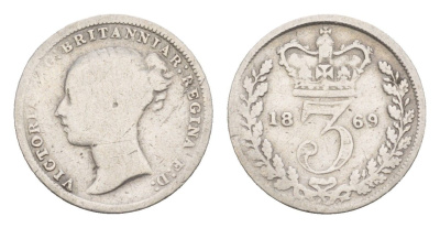 Великобритания 3 пенса 1869 Виктория (1837-1901), редкий год KM 730, Spink 3914 серебро 1520-1241