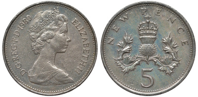 Великобритания 5 пенсов 1980 Елизавета II (1952-2022) KM 911, Spink 4233 (D1) медно-никель 4122-957