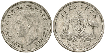 Австралия 6 пенсов 1951 PL, Георг V (1936-1952) KM 45 серебро 4623-238