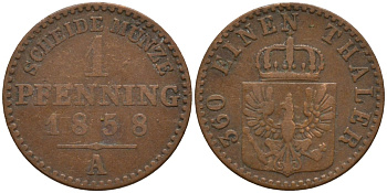 Пруссия 1 пфенниг 1858 A, Фридрих Вильгельм IV (1840-1861) KM 451 медь 4532-327
