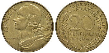 Франция 20 сантимов 1984 тип Marianne KM 930, Le Franс 156.24 медь алюминий никель 4122-146