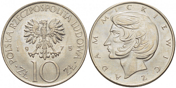 Польша 10 злотых 1975 MW, Адам Мицкевич (1798-1855) KM 74, Parchimowicz 242a медно-никель UNC 3856-1057