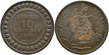 Тунис 10 сантимов 1892 AH 1309, Али III ибн аль-Хусейн KM 222 бронза 4179-216