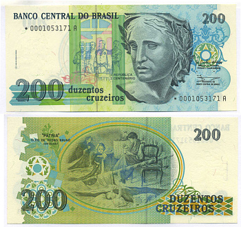 Бразилия 200 крузейро 1990 ПОДПИСЬ 28, ЗАМЕЩЕННАЯ СЕРИЯ Pick 229 бумага UNC (пресс) 8595-35-3-1