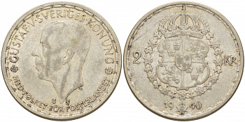 Швеция 2 кроны 1946 TS, Густав V (1907-1950) KM 815 серебро 3457-136