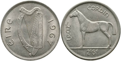 Ирландия 1/2 кроны = 2 шиллинга 6 пенсов 1967 лошадь KM 16а медно-никель 00-00