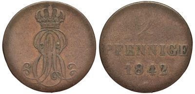 Ганновер 2 пфеннига 1842 S, Эрнст Август (1837-1851) KM 174.2, AKS 123, J. 55 медь 75-1731
