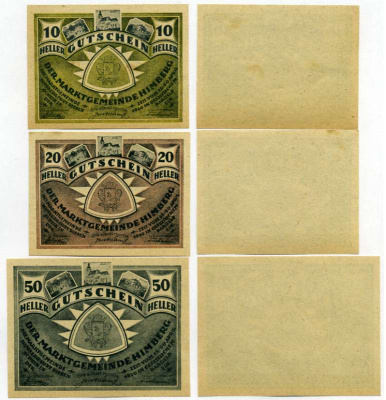 Австрия, Химберг набор из 3 банкнот 10, 20, 50 геллеров 1920 15-30 апреля 1920, нотгельд, ярмарочная коммуна в земле Нижняя Австрия   бумага  UNC (пресс) 7555-24-2-1