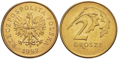 ПОЛЬША 2 ГРОША 1992 MW KM 277 латунь UNC 4516-1133