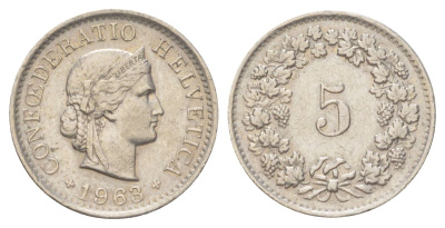 Швейцария 5 раппенов 1963 B KM 26 медно-никель 4625-443