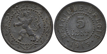 Бельгия 5 сантимов 1915 германская оккупация первая мировая война, Альберт I (1910-1934) KM 80 цинк 4556-1143