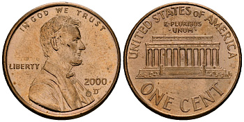 США 1 цент 2000 D, Линкольн KM 201b цинк плакированный медью 4136-367