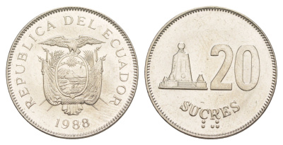 Эквадор 20 сукре 1988 KM 94.1 сталь плакированная никелем UNC 4641-717