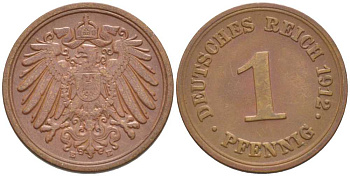 ГЕРМАНИЯ 1 ПФЕННИГ 1912 E KM 10, J. 10, Weege 2 медь 211-456