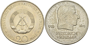 ГДР 20 марок 1972 А, Фридрих Шиллер (1759-1805) KM 40 медно-никель UNC 4558-624