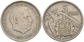 Испания 5 песет 1957 Франсиско Франко (1939 - 1975) KM 786 медно-никель 4155-516