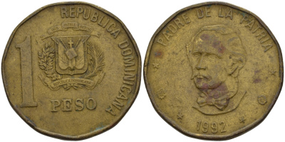 Доминиканская Республика 1 песо 1992 Хуан Пабло Дуарте KM 80.1 медь цинк 31-512