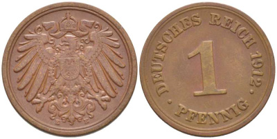 ГЕРМАНИЯ 1 ПФЕННИГ 1912 E KM 10, J. 10, Weege 2 медь 211-456