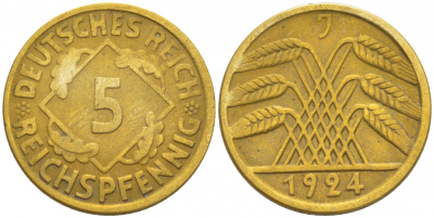 ГЕРМАНИЯ 5 РЕЙХСПФЕННИГОВ 1924 J, KM 39, J. 316 алюминиевая бронза 3996-1128