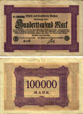 ААХЕН 100000 МАРОК 1923 НОТГЕЛЬД, 1 ИЮЛЯ 1923, ЗЕМЛЯ СЕВЕРНЫЙ РЕЙН-ВЕСТФАЛИЯ Keller 1a бумага 8518-55-2