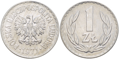ПОЛЬША 1 ЗЛОТЫЙ 1971 MW KM 49.1, Parchimowicz 213h алюминий UNC 216-821