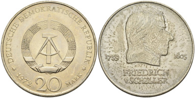 ГДР 20 марок 1972 А, Фридрих Шиллер (1759-1805) KM 40 медно-никель UNC 4558-624