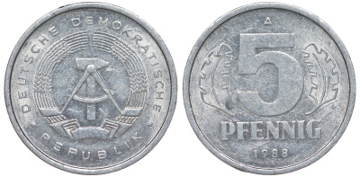 ГДР 5 ПФЕННИГОВ 1988 А алюминий 62-546