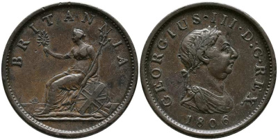 Великобритания 1 пенни 1806 Георг III (1760-1820) Spink 3780, KM 663 медь 1518-415