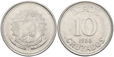 Бразилия 10 крузадо 1988 реформа 1986-1989 KM 607 нержавеющая сталь 87-553