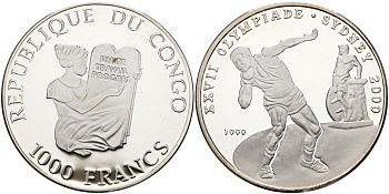 Конго 1000 франков 1999 XXVII олимпийские игры в Сиднее, метание ядра KM 23 серебро PROOF 00-000-00