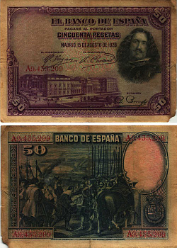 ИСПАНИЯ 50 ПЕСЕТ 1928 МАДРИД, 15 АВГУСТА 1928, МУЗЕЙ ПРАДО В МАДРИДЕ, ДИЕГО ВЕЛАСКЕС , СЕРИЯ А9435209 Pick 75b бумага 8609-29-2-1