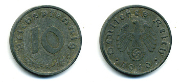 ГЕРМАНИЯ 10 РЕЙХСПФЕННИГОВ 1940 A, KM 101, J. 371 цинк 46-1756