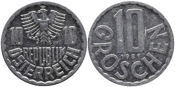 АВСТРИЯ 10 ГРОШЕЙ 1981 KM 2878 алюминий 33-351