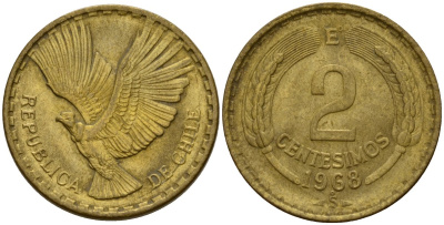 Чили 2 сентесимо 1968 KM 193 алюминиевая бронза 4158-716