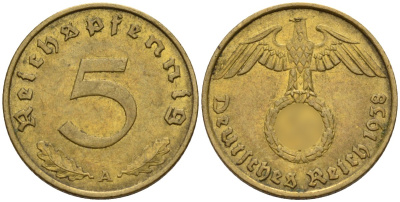 Германия 5 рейхспфеннигов 1938 A KM 91, J. 363 алюминиевая бронза 4151-823