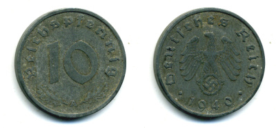 ГЕРМАНИЯ 10 РЕЙХСПФЕННИГОВ 1940 A, KM 101, J. 371 цинк 46-1756