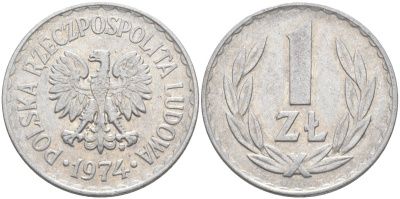 Польша 1 злотый 1974 MW KM 49.1, Parchimowicz 213k алюминий 3856-213